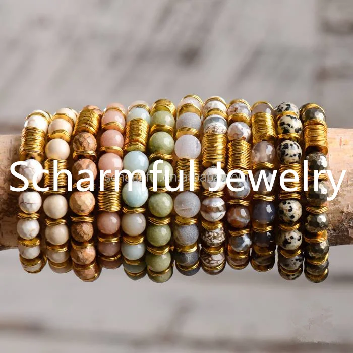 SL2000580 Boho Gold Disc Coin Gemstone Bead Metal Gold Plated Howlite Stone Gold Plated Bead Bracelet Femmes Bracelets