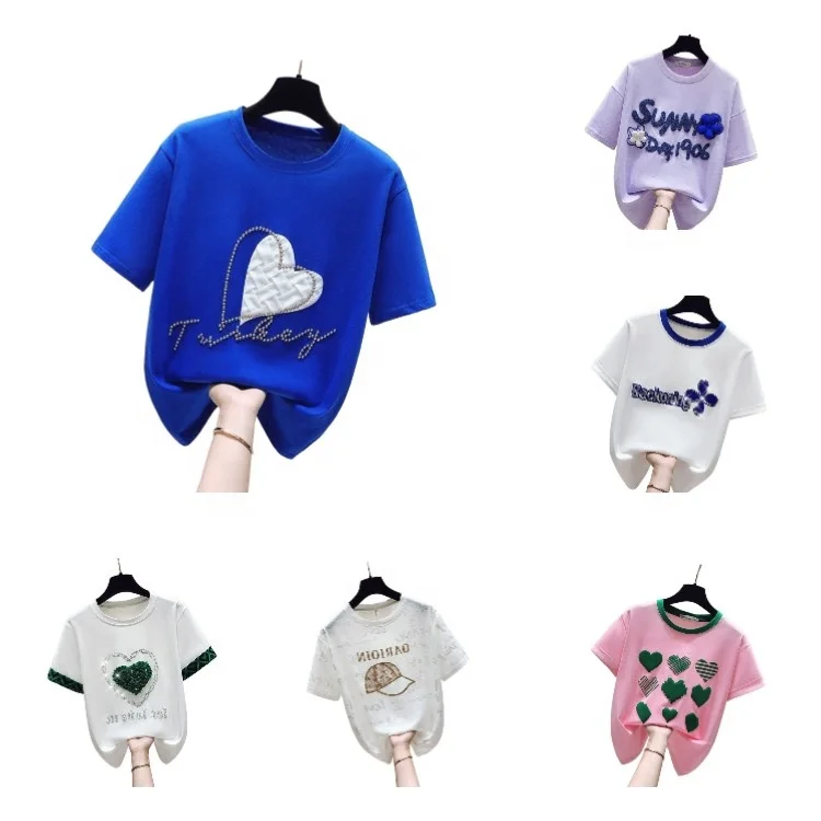 Cotton Short Sleeve T-shirt Loose Tops Tee Small Daisy Tshirt Top Hot Rhinestone Women Diamond Flowers Casual Summer Female