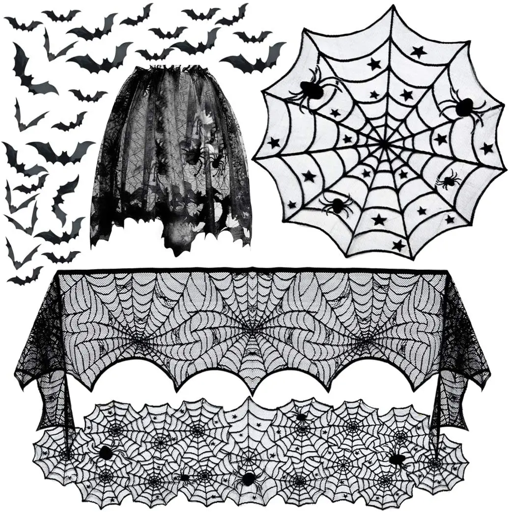 5pack Halloween Decorations Tablecloth Runner Black Lace Round Spider Cobweb Table Cover