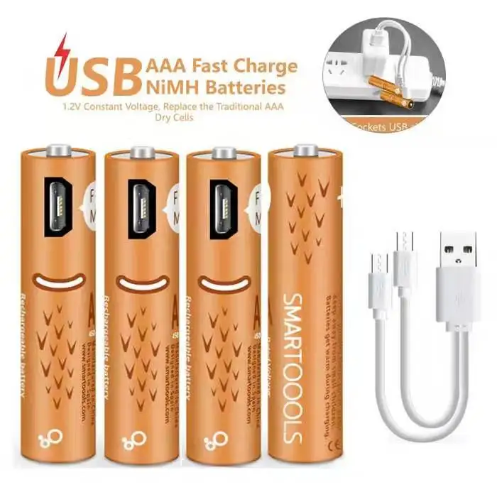 4 Pack Rechargeable AA Battery 1.5V 1.2V Ni-Mh 450MAH Reusable Micro USB Recharge 1000MAH aa Battery 6 Pack Set Wholesale Prices