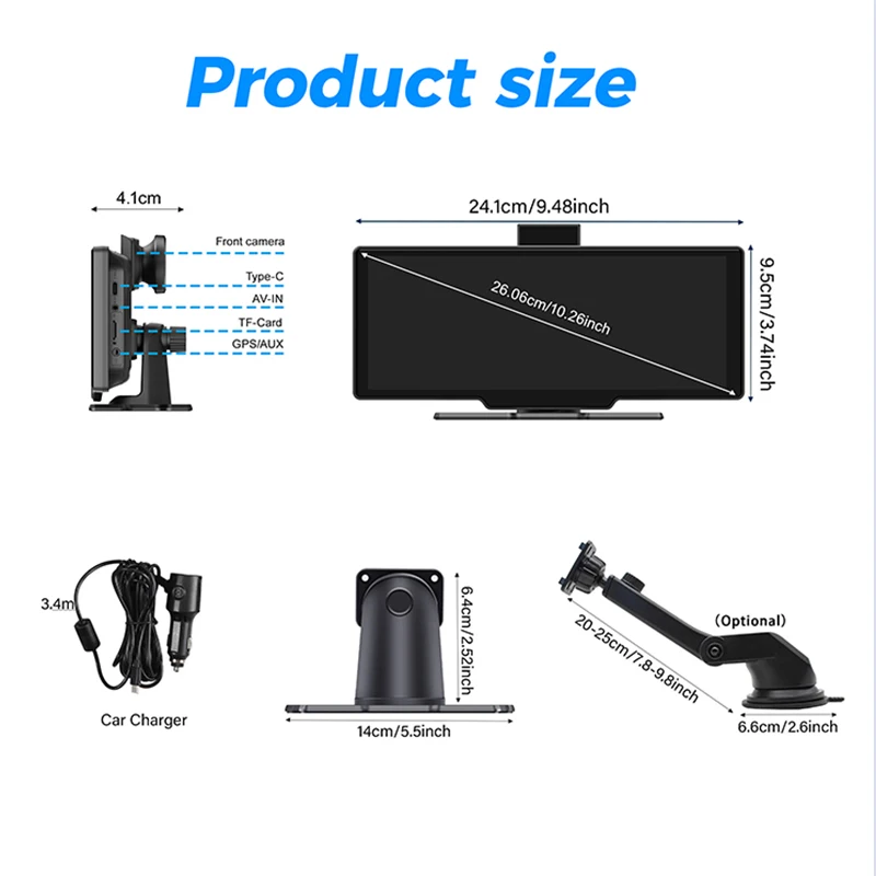 Maustor 10.26 inch Portable Carplay Screen with 4K Dash Cam Wireless Carplay Android Auto Loop Recording AirPlay