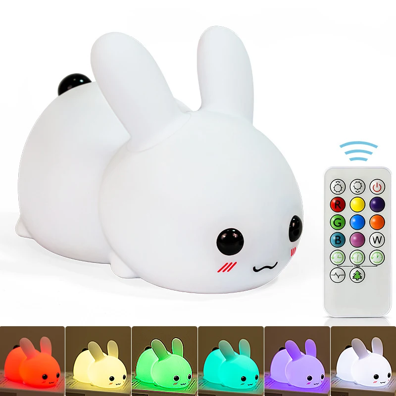 Bunny Rabbit Silicone Night Light RGB Animal Lamp for Kids Switch Power Generation DIY Feature RoHS Certified Nursery Room Use