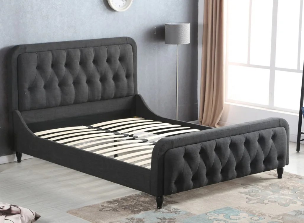 Latest double design slat wood bed Button Tufted Leather Upholstered Italian fabric Bed