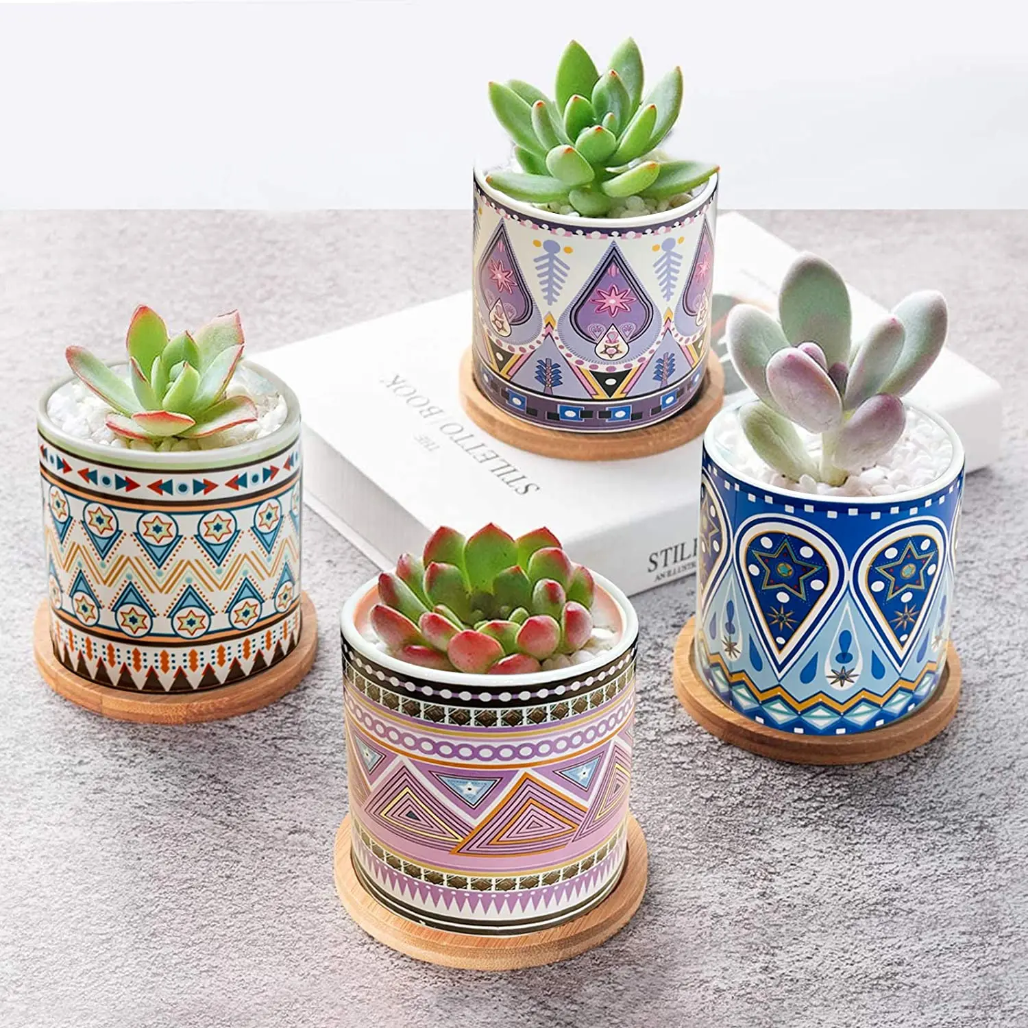 Ceramic Succulents Potted Nordic Style Colorful Geometric Pattern Flower Pot Cactus Potted Plant with Bamboo Tray