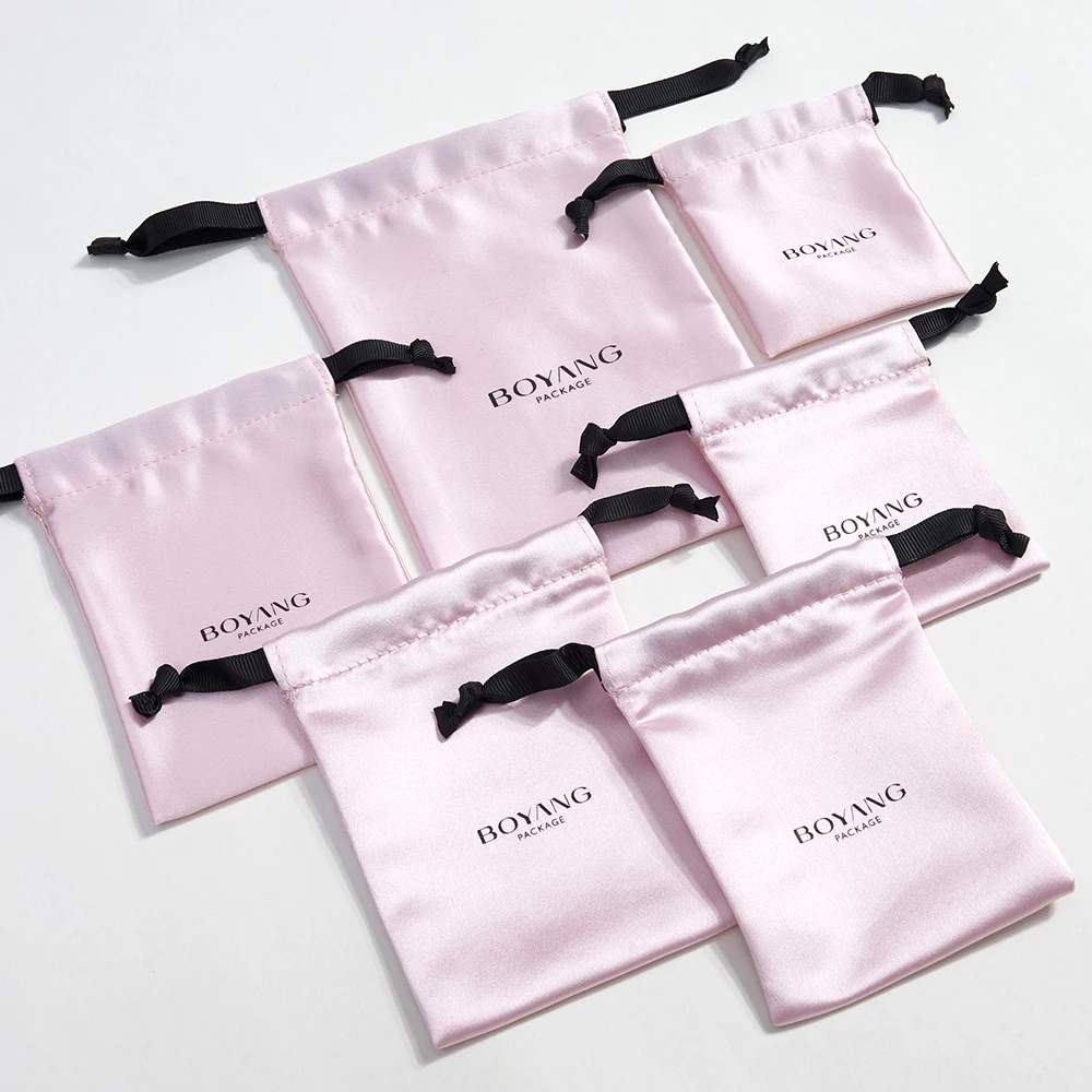 Boyang Wholesale Small Drawstring Pink Silk Satin Jewelry Pouch Bag Custom Logo