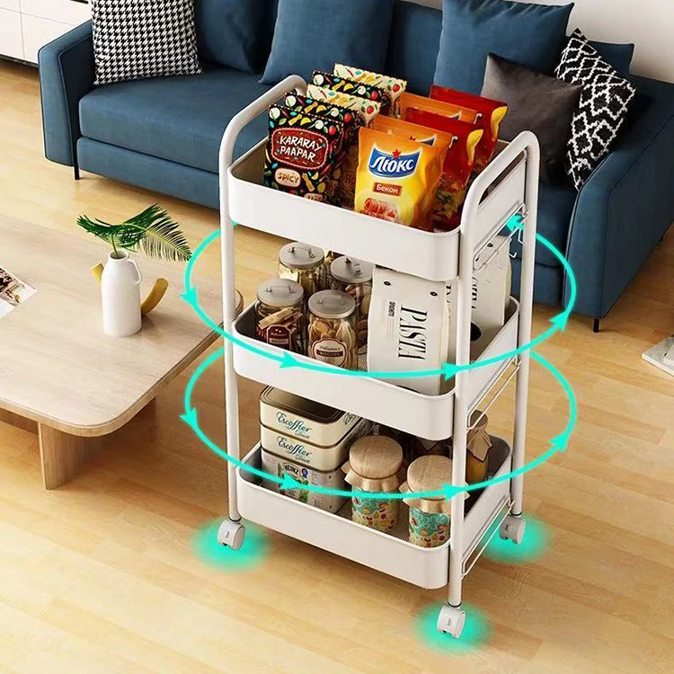 New household carbon steel three storey kitchen storage rack trolley cart organizer  foldable kitchen trolley with wheels