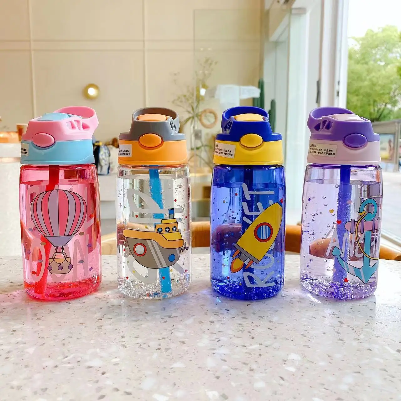 2024 New Idea Cartoon Plastic Kids Water Bottles With Straw Bpa Free Cute Printing Child Drink Water Bottle