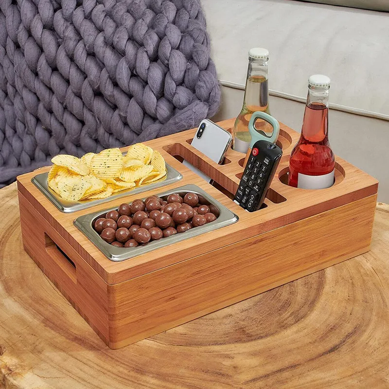 New Design Bamboo Sofa Couch Organizer Wood Cup and Drink Holder Bed Phone Holder Tray Snack Couch Caddy