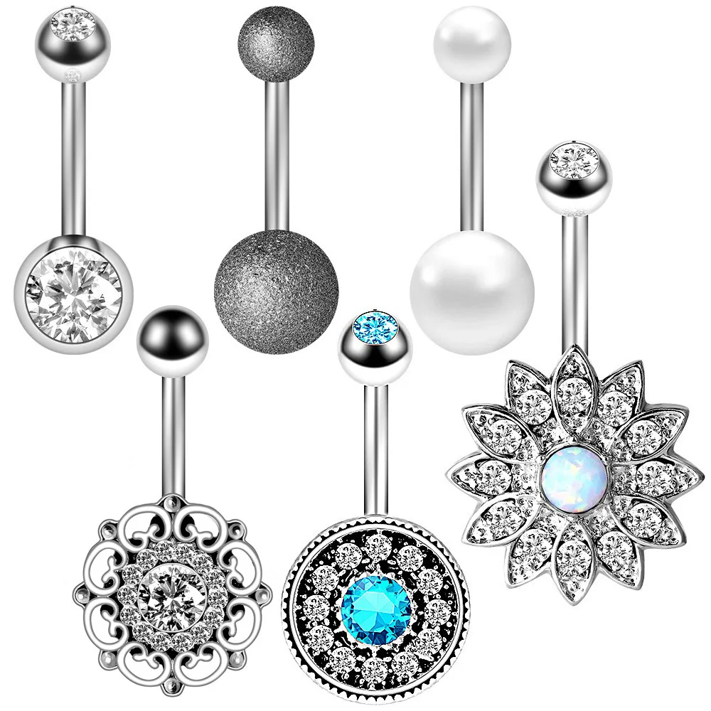 2024 Fashion Stainless Steel Navel Ring 6-Piece Set Opal Nail Body Piercing Jewelry Belly Button Nail Set