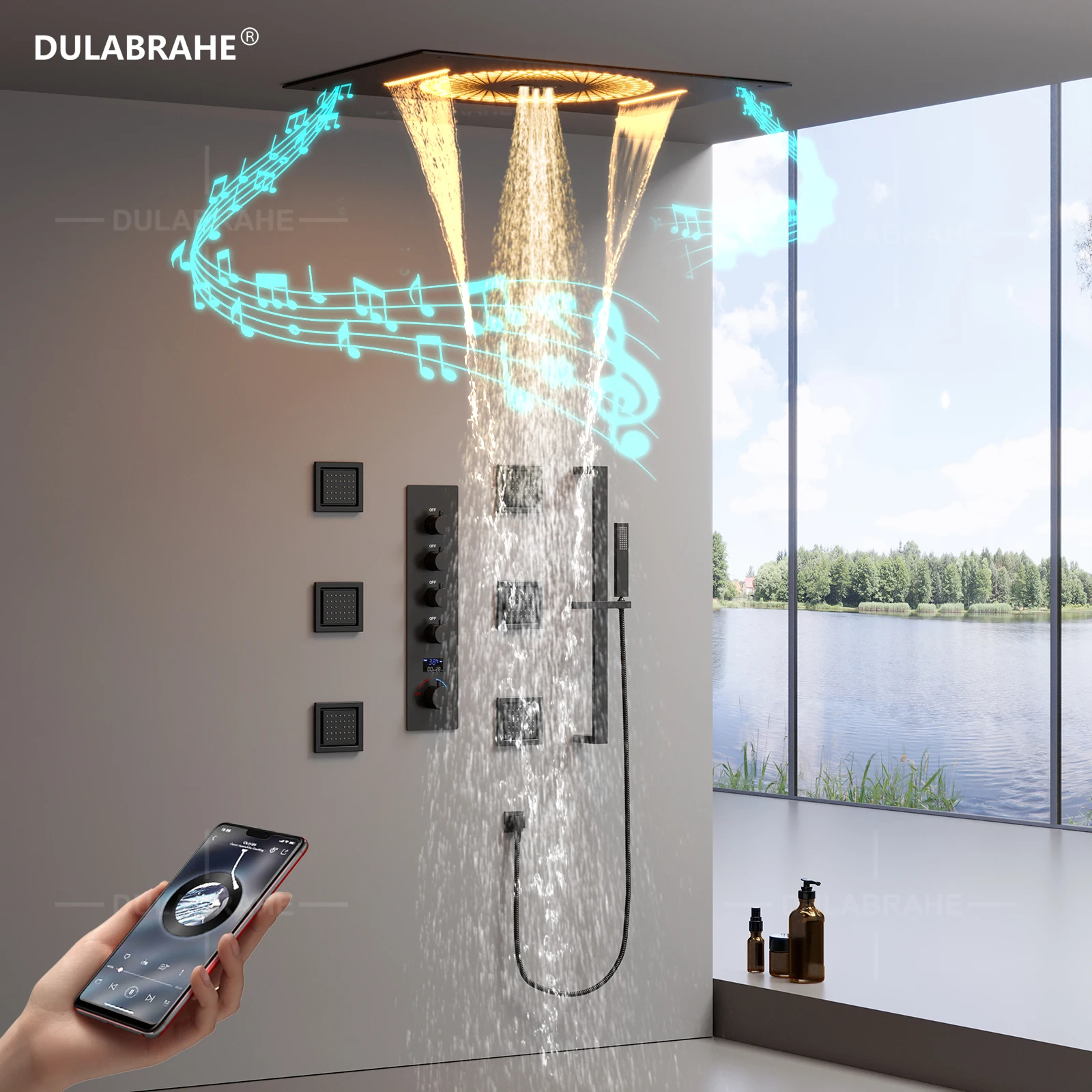 DULABRAHE 2024 NEW 600*400mm Music Cold and Hot Digital Display LED Rainfall Shower System 4 Functions Shower Faucet Set