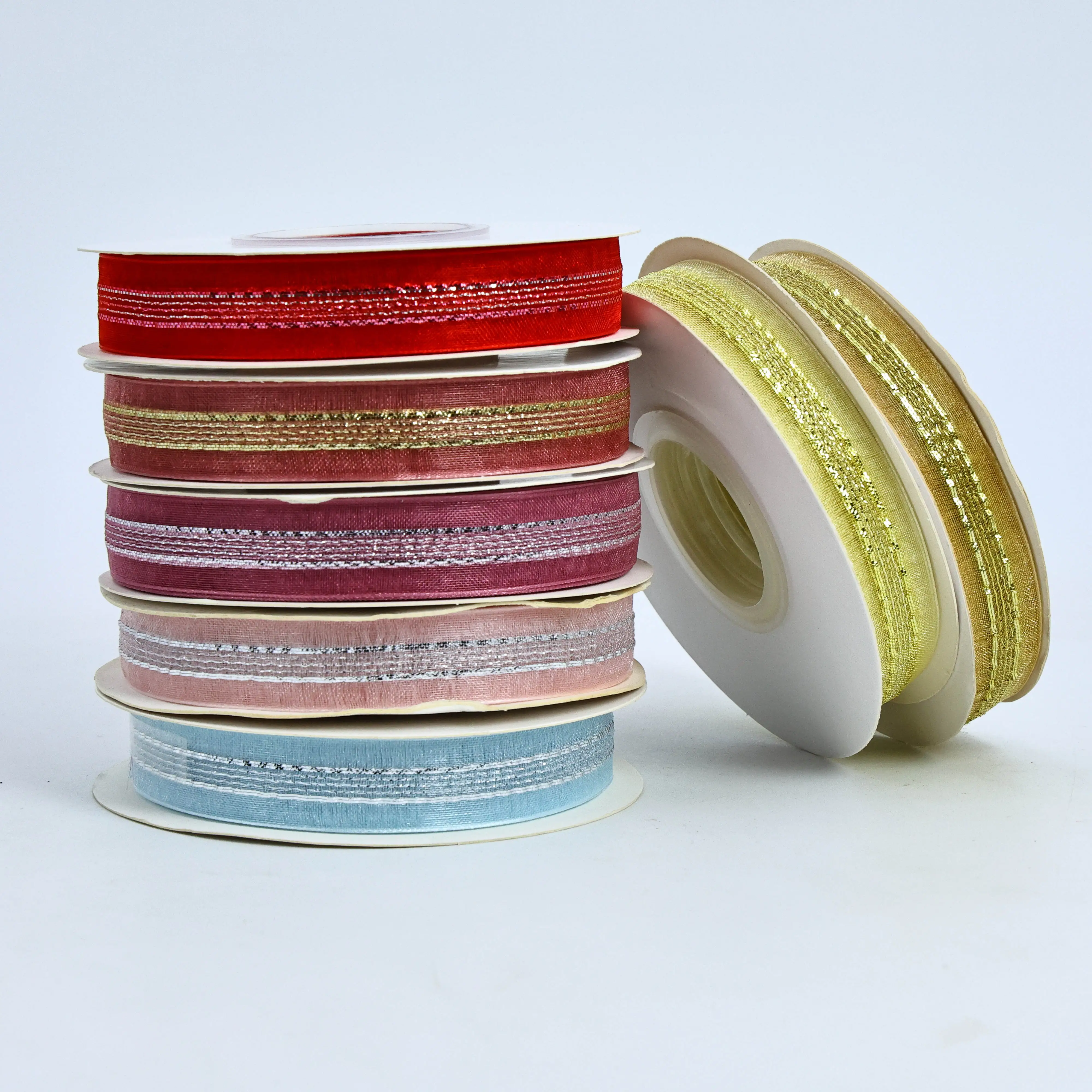 High Quality Custom Light Blue Gold Chiffon Ribbon Red Satin Organza Border Polyester Fabric Bow Logo Gift Wrap Holiday