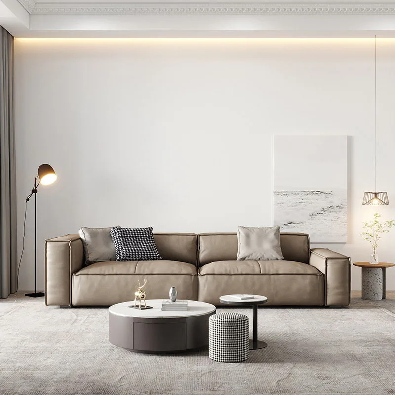 Custom Leather Sofa Head Leather Italian Minimalist Living Room Three Person Straight Row Square Tofu Block Small Family Sofa