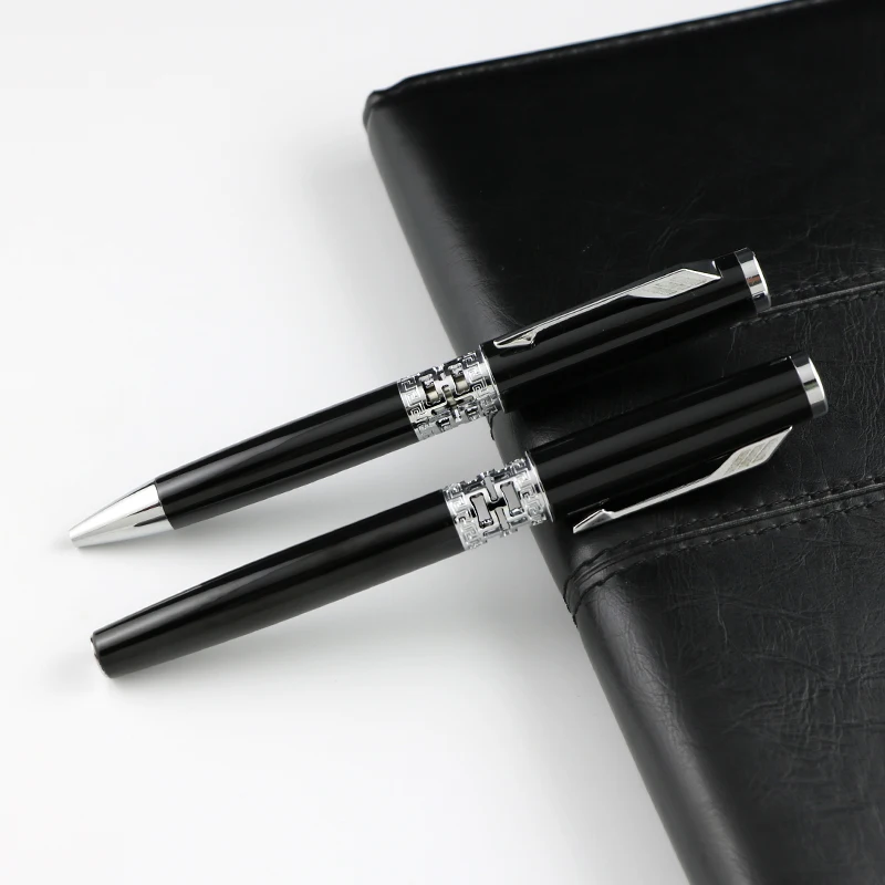 Luxury double pen set elegant white rose gold carved embroidery rollerball ballpoint pen sublimate pen black