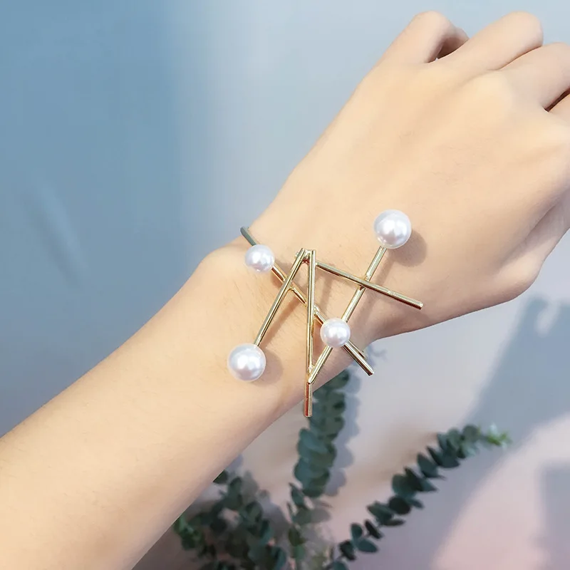 
creative exaggerated personality metal inlaid pearl open ring bracelet bangle cuff bar pearl hand bangle jewelry for female 