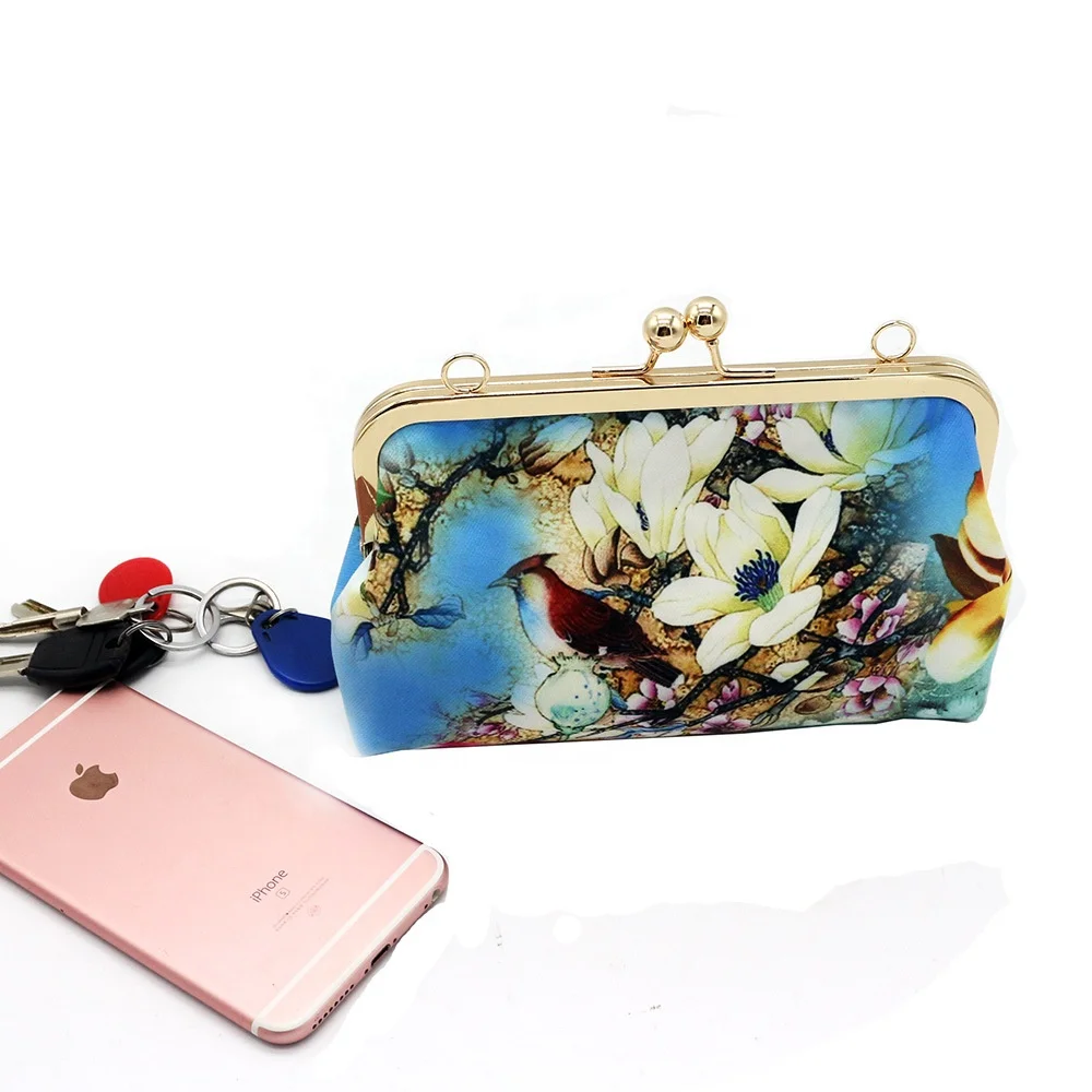 Flower printed ladies side sling shoulder bag chain clutch evening bag