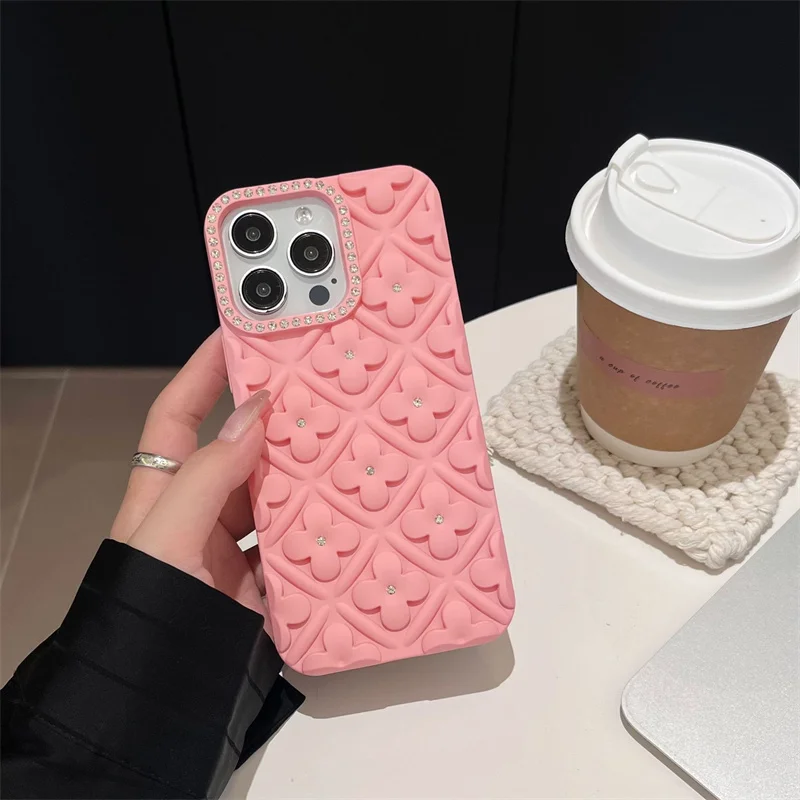 Shining Diamond Camera Lens Frame Flower Phone Case For iPhone 16 15 14 13 12 Pro Max Soft TPU Shockproof Cover