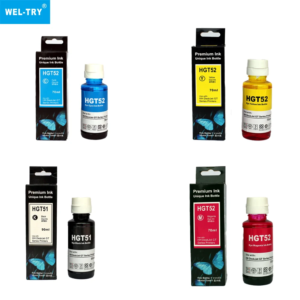 WEL-TRY T51 GT 51 52 GT52  Black Compatible Bottle Water Based Refill Ink Tinta for HP 510 500 515 610 615 514 517 532 Printer