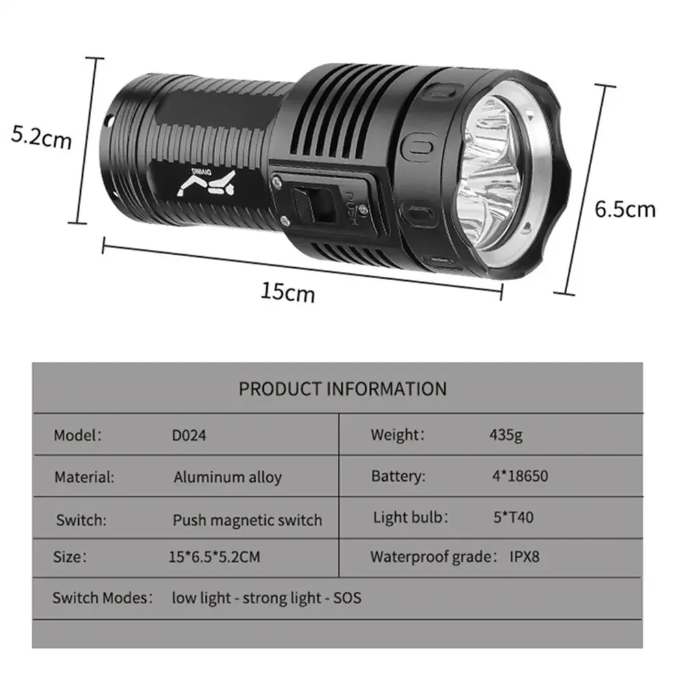 5*T40 push magnetic switch IP68 Waterproof Deep Sea Operation Patrol led Diving Underwater torch light flashlight