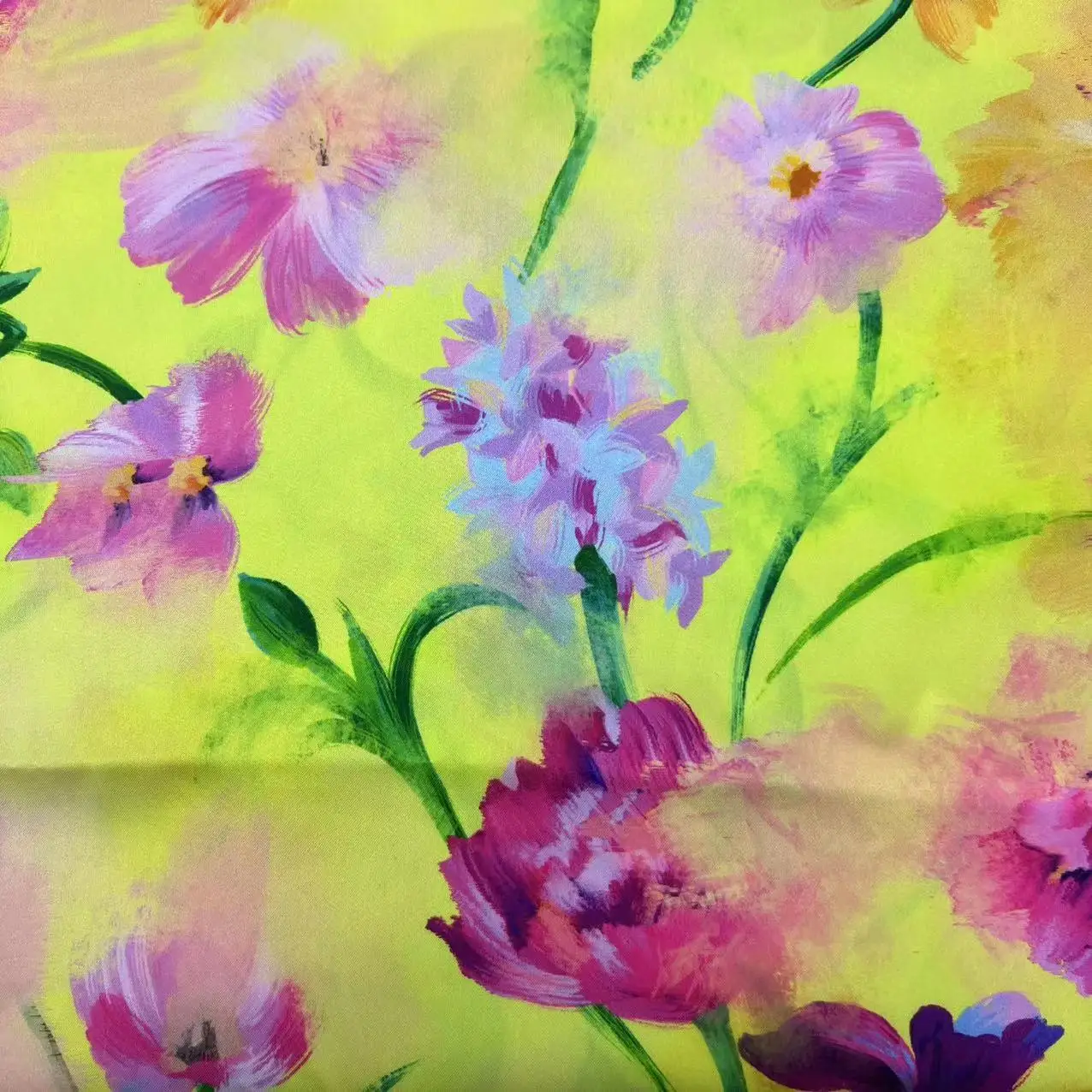 latest fashion design bright-coloured yellow floral non-stretch silk effect satin fabrics for garment skirt dress