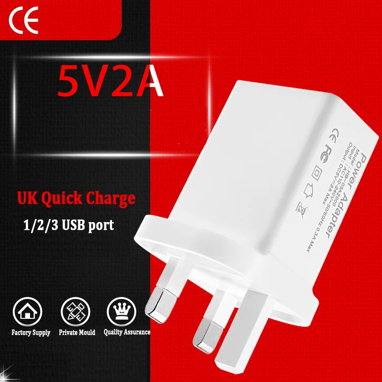 CE Certified UK USB Wall Charger 3Pin Plug Fast Charging Adapter 5V 2A for Multiple