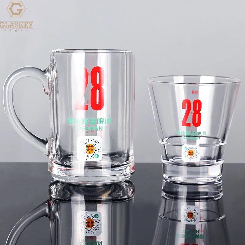 Custom Decal Glass Beer Mug With Handle Beer Tasting Glass Short Glass Cups For Beer