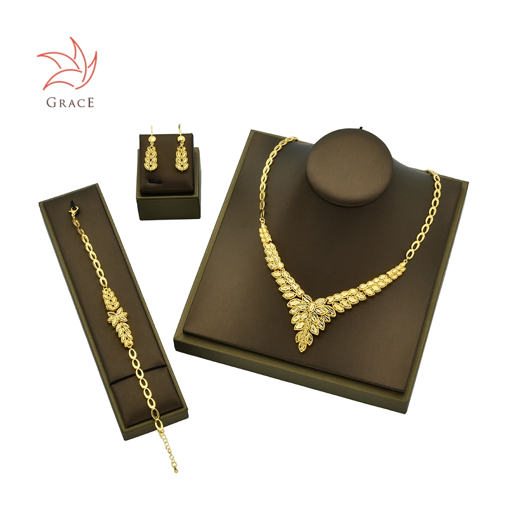 Factory Price 24K Gold Plate Necklace/Earrings/Bracelet Indian Woman Italian Gold Bridal Jewellery Set