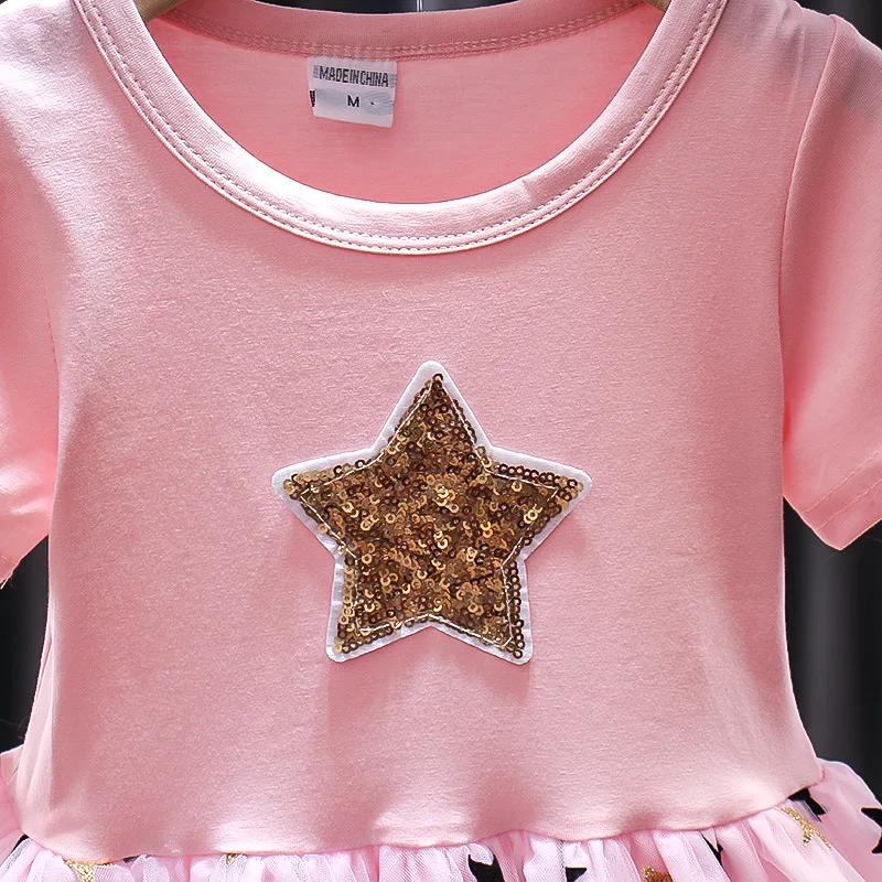 Summer Short Sleeve Star Sequined Baby Girls Frock Princess Party Dresses for Kids Girls