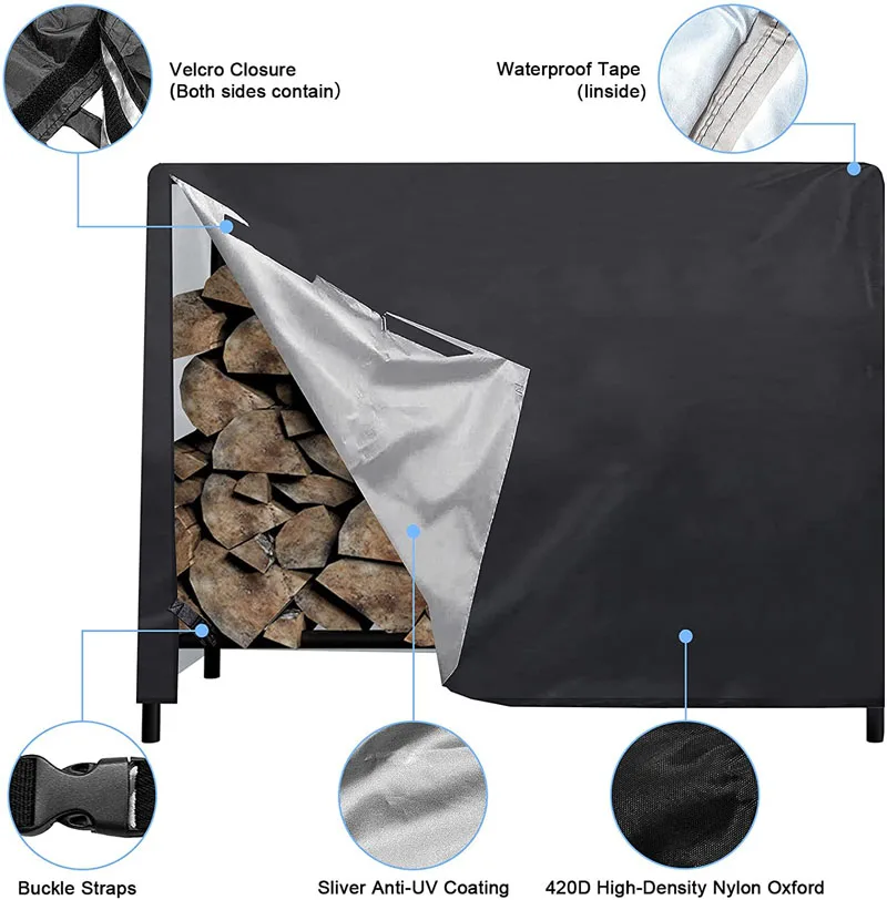 Heavy Duty Firewood Log Rack Cover 420D Oxford Waterproof All-Weather Outdoor Protection for Firewood Rack Cover