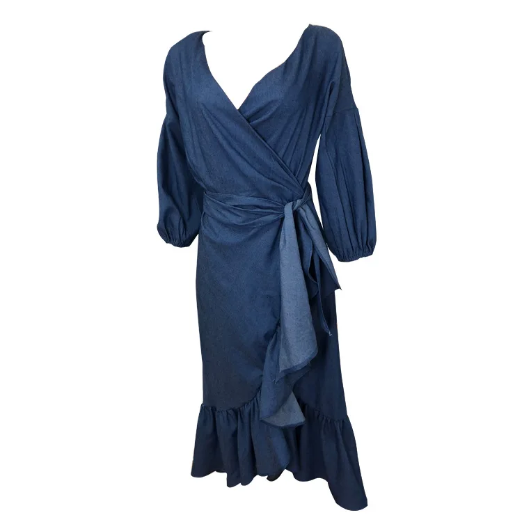 DF0617  Latest Design Summer Denim Dress Long Ruffled Lantern Sleeves V Neck Jean Dresses Casual Women Denim Dress