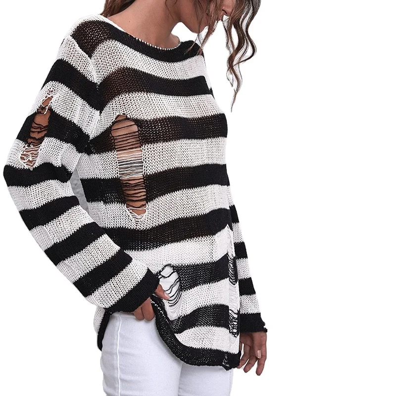 Custom Long Sleeve Ripped Womens Striped Sweater Women Jumper Loose Tops Punk Gothic Casual Sweater Pullover