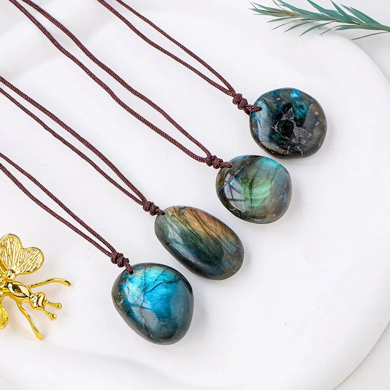 Natural tumbled natural quartz Irregular labradorite Pendant crystals healing stone shand woven adjustable pebble necklace