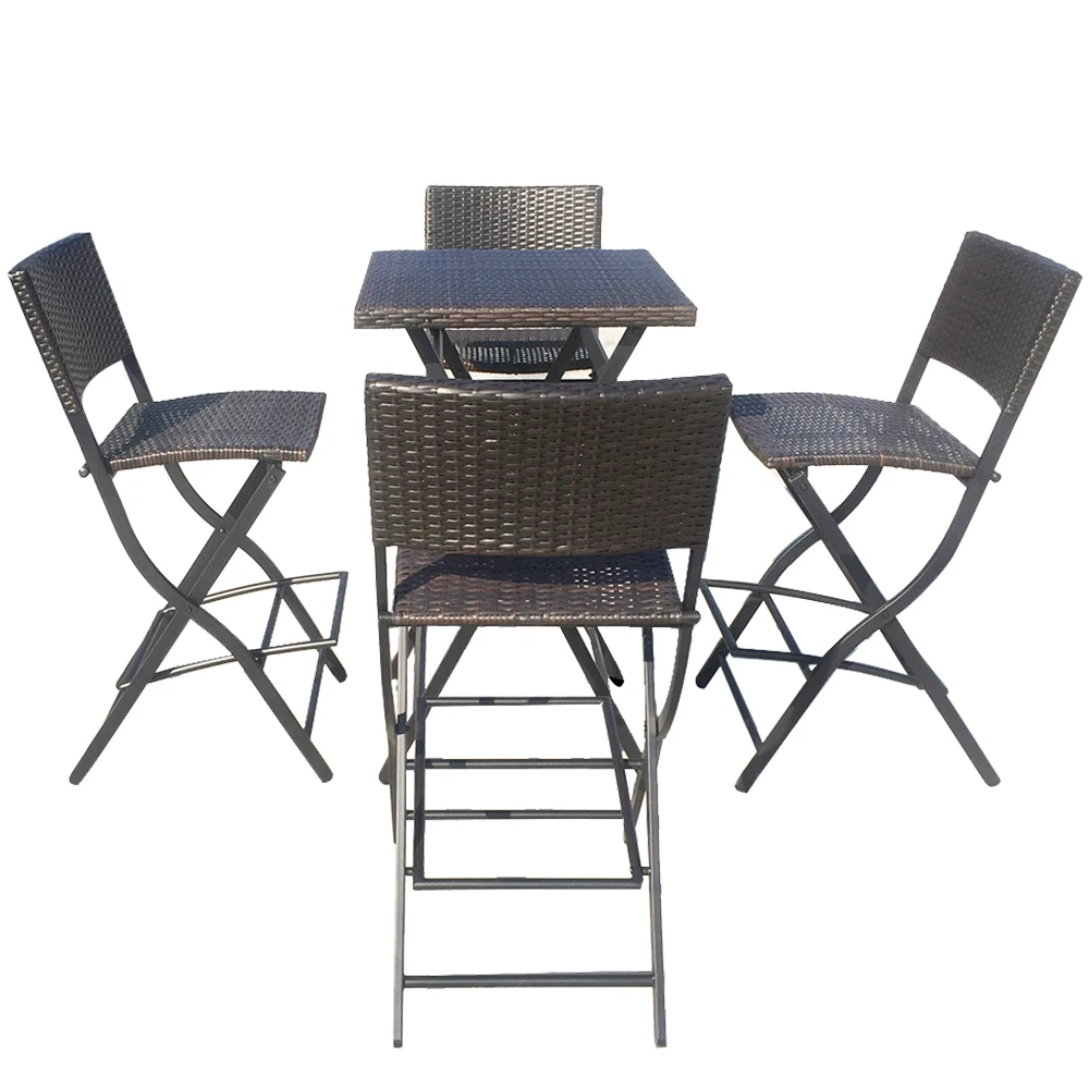 Factory hot sale Promotional Steel Frame Rattan Dining Folding square Table and Chair 1 Table 4 Pieces Chair Space Saving Sets