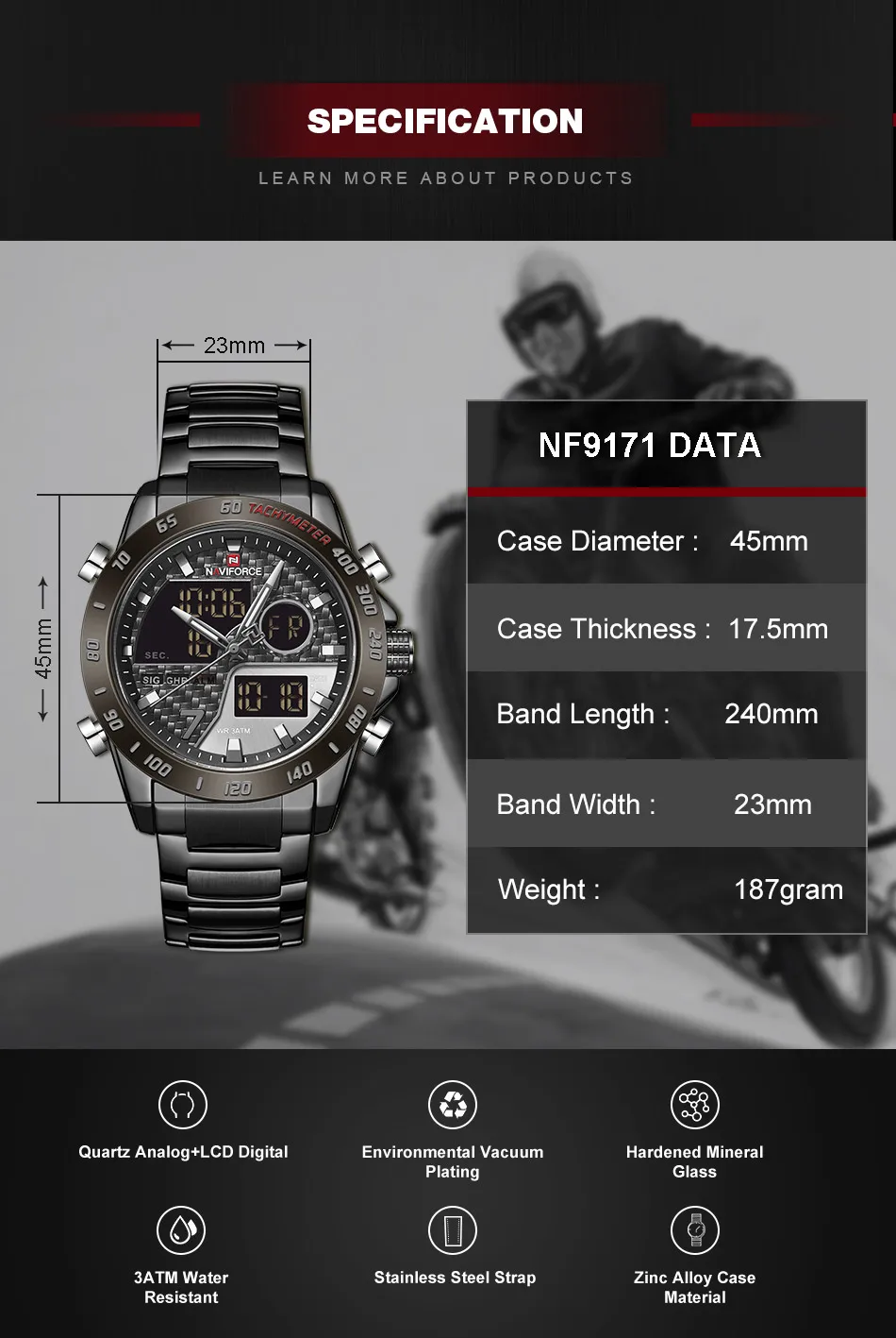 NAVIFORCE  9171 Fashion Luxury Business Men Wristwatch Waterproof Auto Date  Male Watches with Stainless Steel Quartz Watch Men