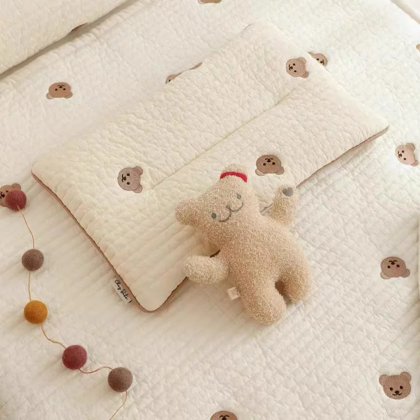 Ins Korean Style Baby Bear Embroidery Flat Pillow Breathable and sweat-absorbing flat pillow for children