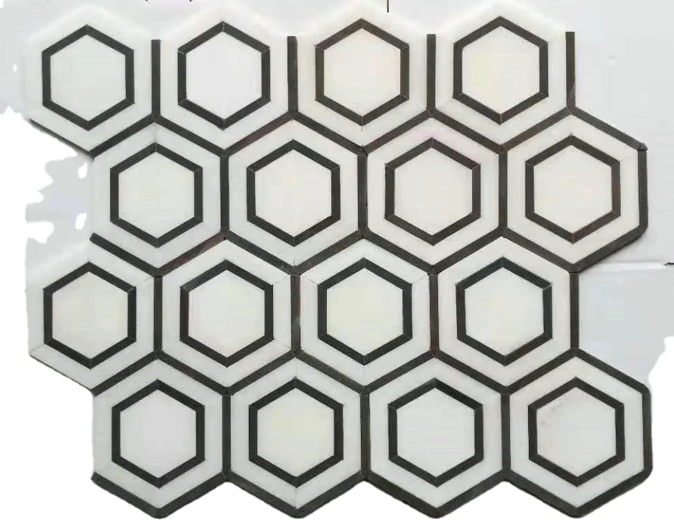 Best Sale crystal white and black marble hexagon Marble water jet Hexagon mosaic 3d wall panel tile