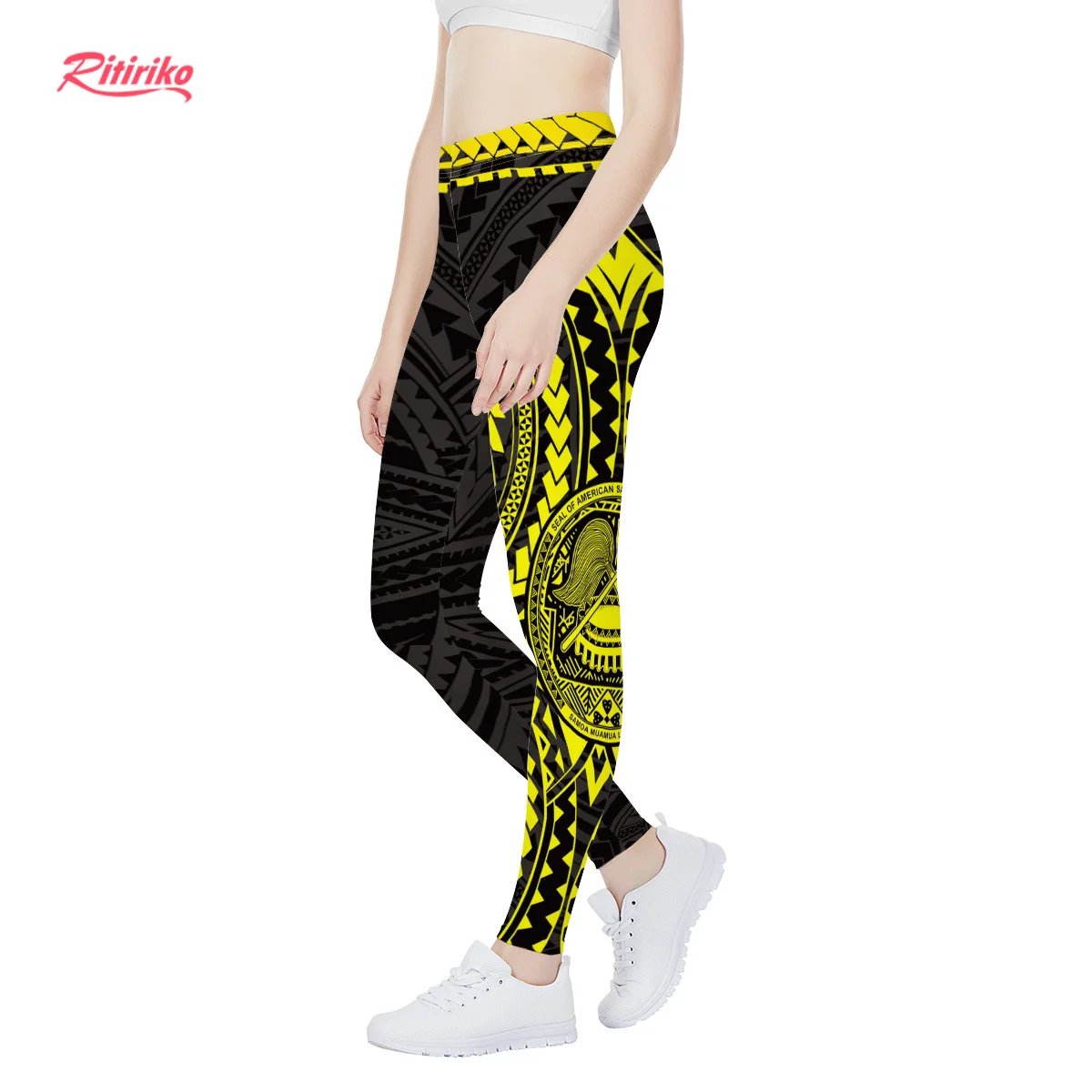 
Custom Yellow Polynesian Tribal Hawaiian Palm Hibiscus Floral 3D Printed Ruched Lifting High Waist Stacked Leggings Yoga Pants 