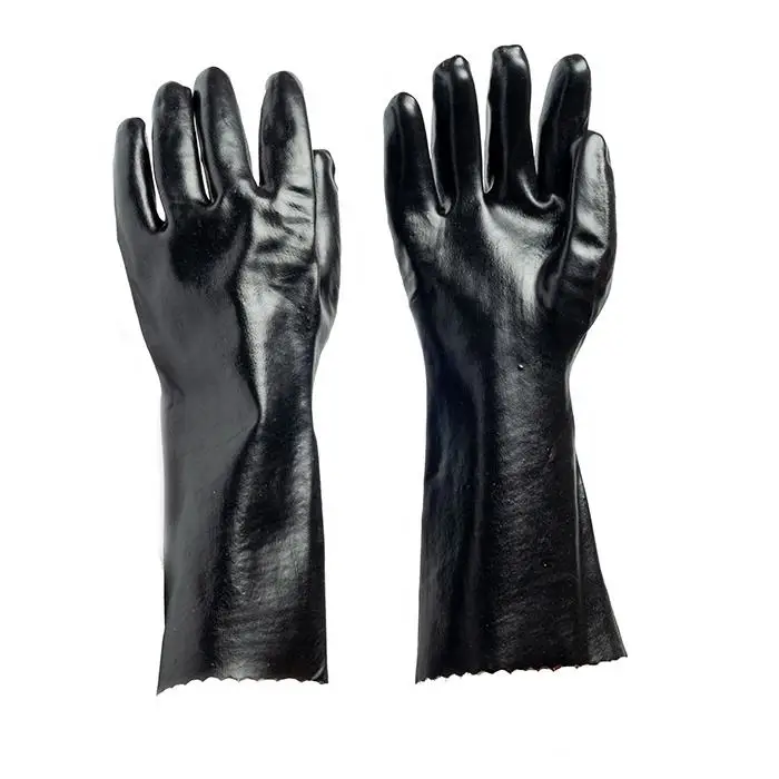 Coating Reusable Heavy Duty Work Gloves Oil Resistant Non Slip Safety Work Gloves Chemical Resistant PVC BLACK Polyester 44.5cm