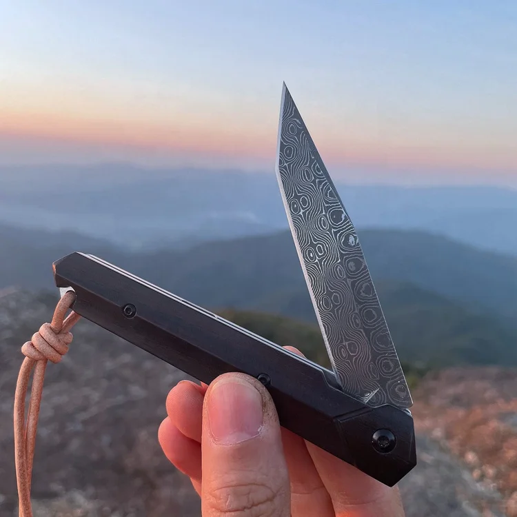 Ebony Wood Handle Compact Design Mini Edc Pocket Knives Lightweight Easy Carry Vg10 Damascus Steel Folding Utility Knife