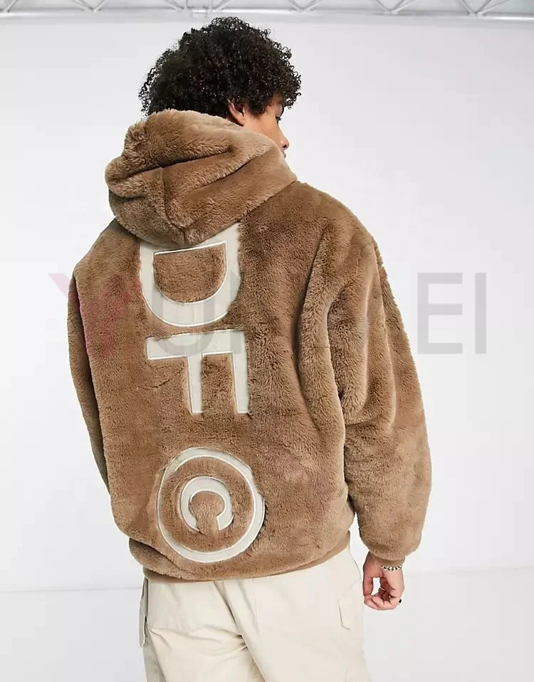 Y2K Fluffy Hooded Unisex Sweatshirt Hoodie embroidery logo oversized Custom Soft Velvet Brown Faux Fur Hoodie Sweaters Men