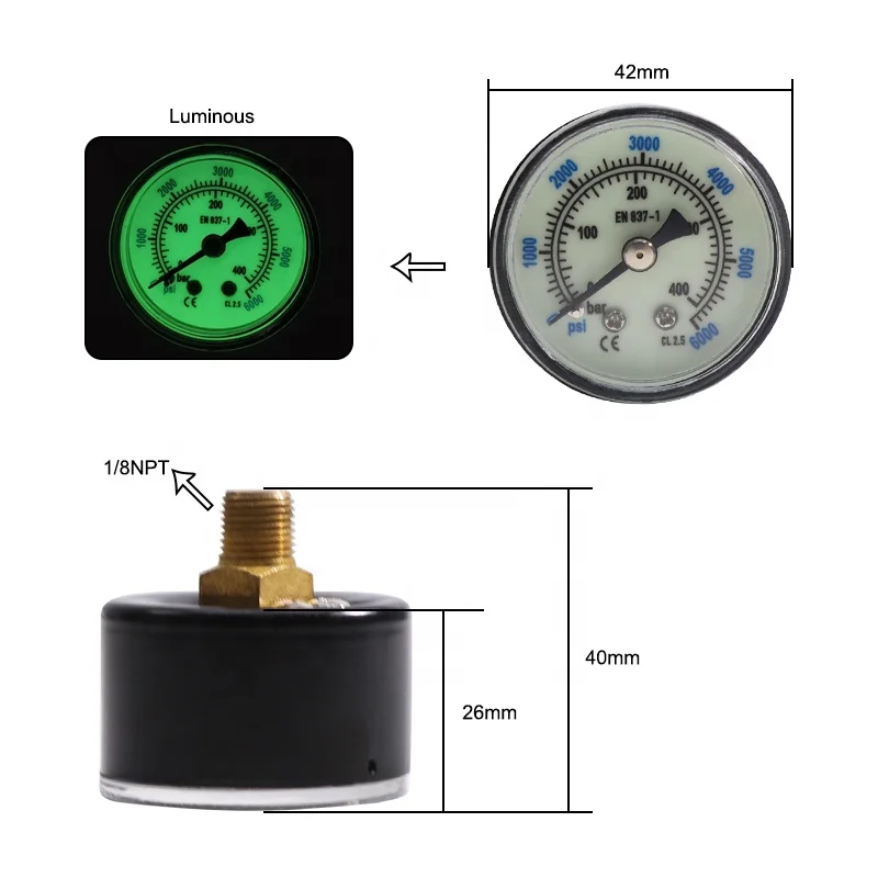 New Specialized Production Plastic Shell Iron Shell Material Diameter 42mm Scuba Diving Luminous 400bar 6000psi Pressure Gauge