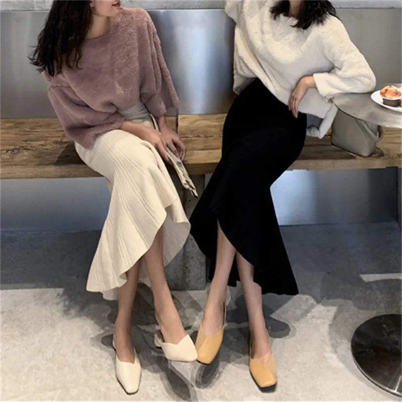 2023 Autumn Fashionable Women High Waist Loose Hip Grid Pleated Knit Fishtail Midi Dress Swearer Skirt