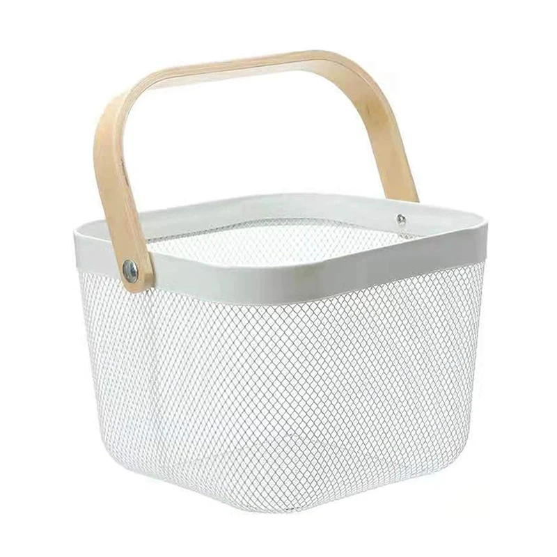 Wholesale Metal Mesh Steel Basket Storage Organizer Multi-functional Hanging Kitchen Baskets Fruit Basket Bin with Bamboo Handle