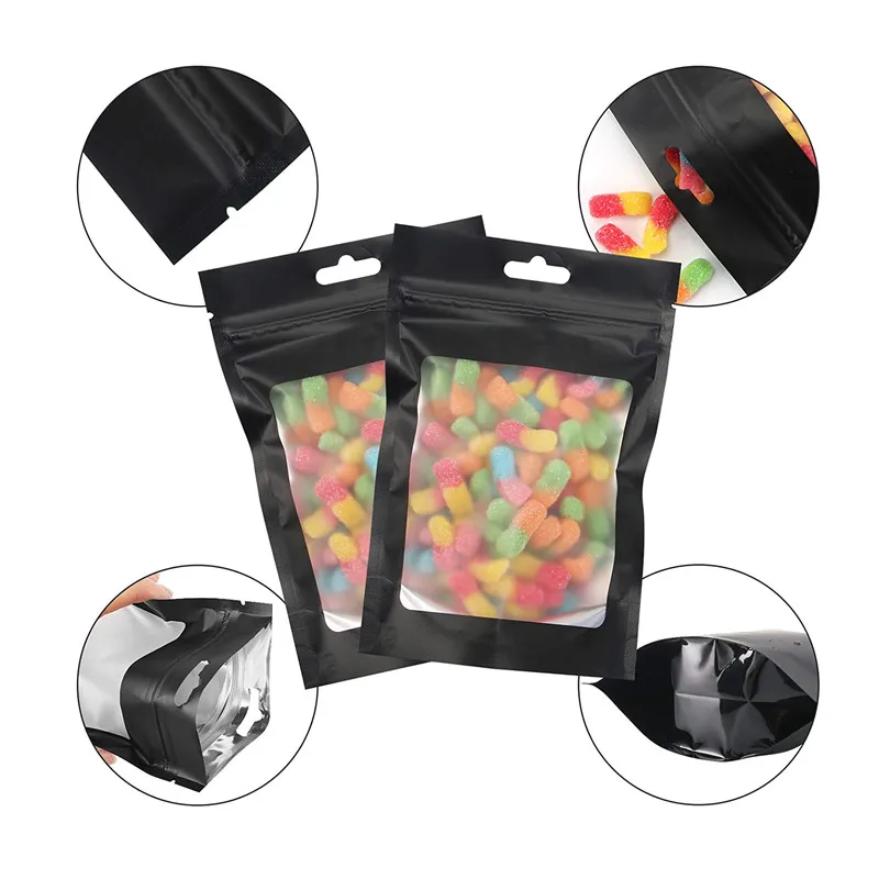 Heat seal food storage resealable foil pouch euro hang hole odorless mylar bags clear window Aluminum matte black ziplock bags