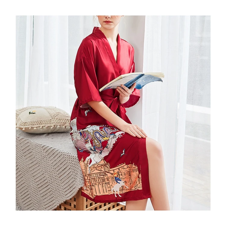 Brides and bridesmaid wedding kimono sleepwear nightgown print women long wholesale satin robes