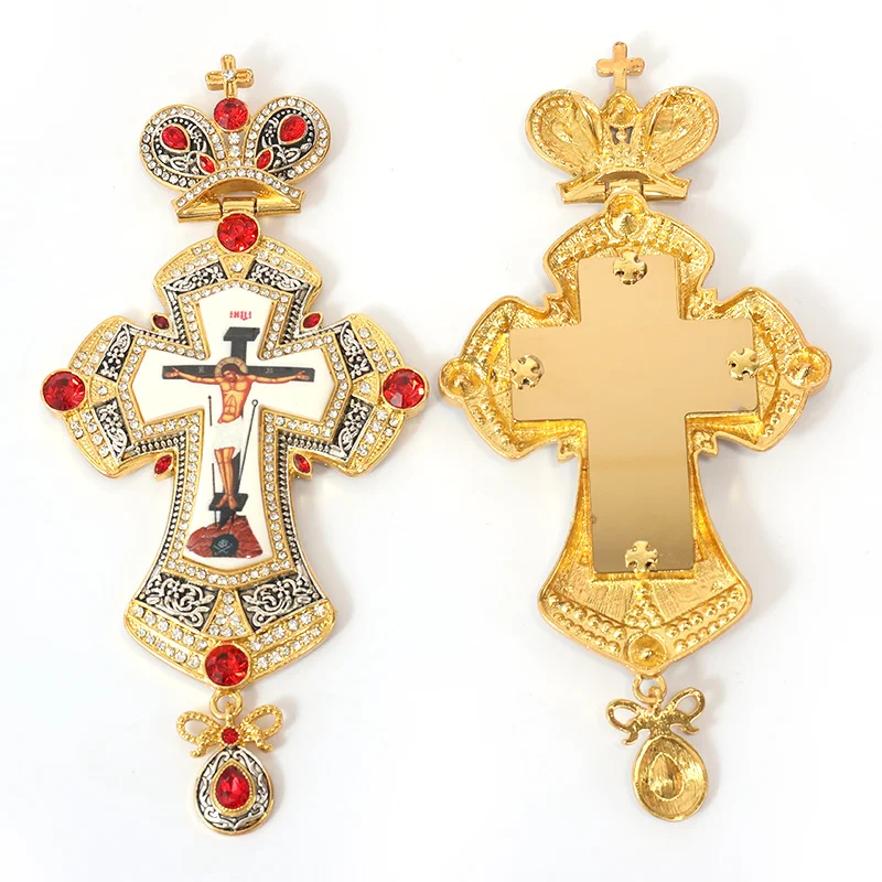 Luxury Greek Gold Plated Alloy Orthodox Pendant Gunmetal Russian Pectoral Cross with Jesus Icon Necklace for Priest