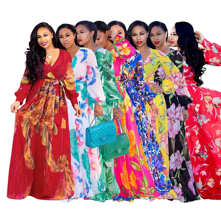 
LF-44 African Clothing Floral Printed Maxi Dress Long Sleeve Womens Plus Size Dress Fashion Summer Dresses Women Casualfu 