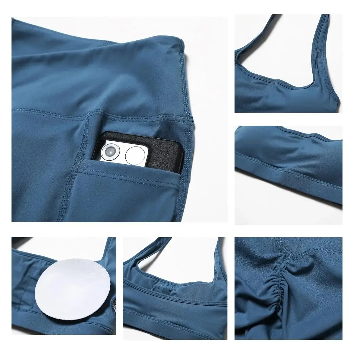 Open Back Hollow Sports Bra Crop Workout High Waist Compression Tights Yoga Pants Leggings with pockets Gym Fitness Set Women
