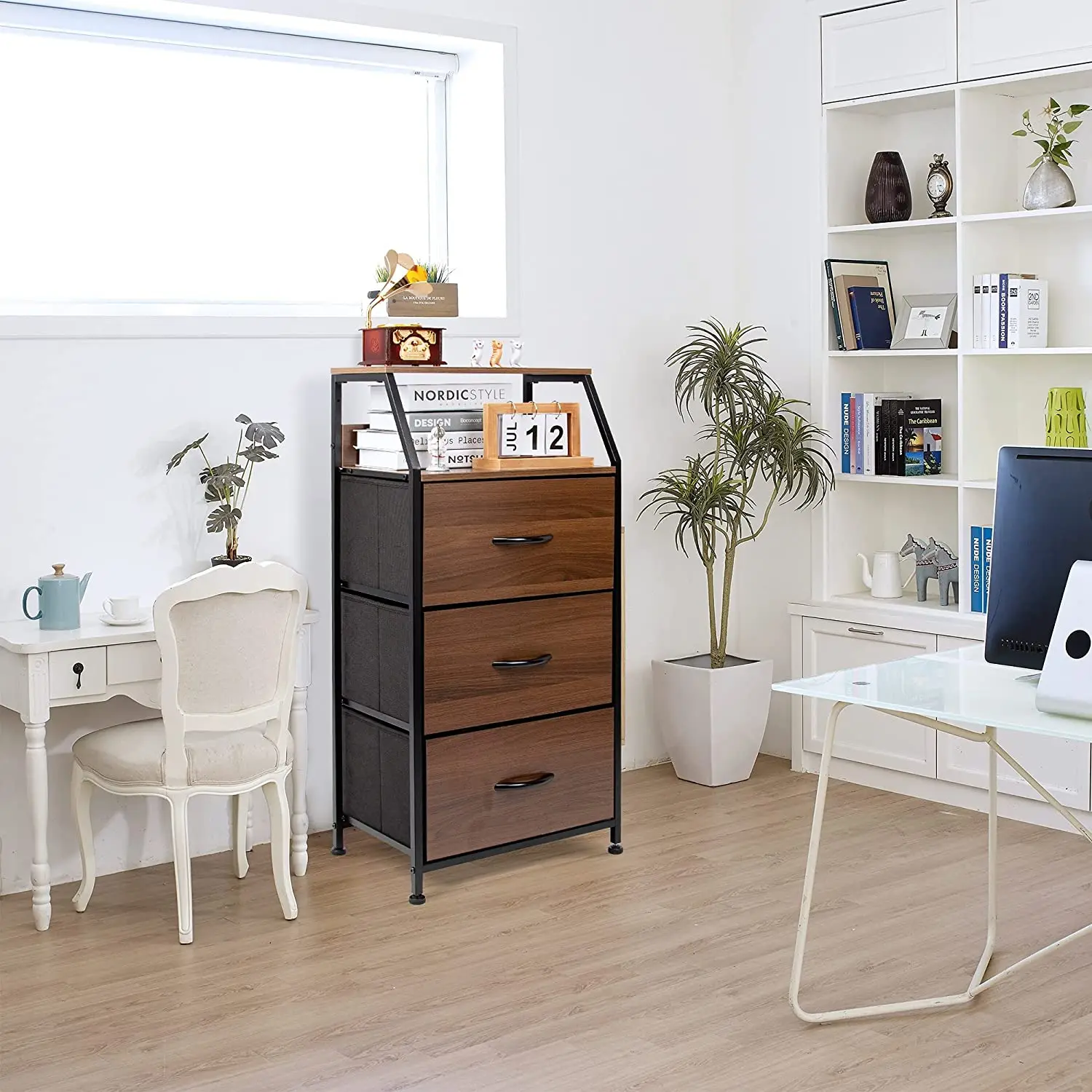 Bedroom Organizer Box Unit with 2 Shelves 3 Fabric Drawers Tall Industrial Nightstand for Bedroom Hallway Entrance Office