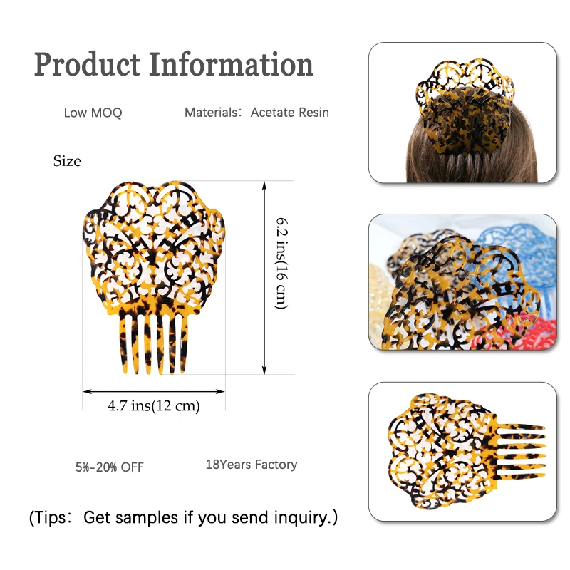Custom Vintage Colorful Spanish Large Flamenco Hair Comb Celluloid Acetate Ornamental comb Tortoise Resin Insert Hair Comb Pin