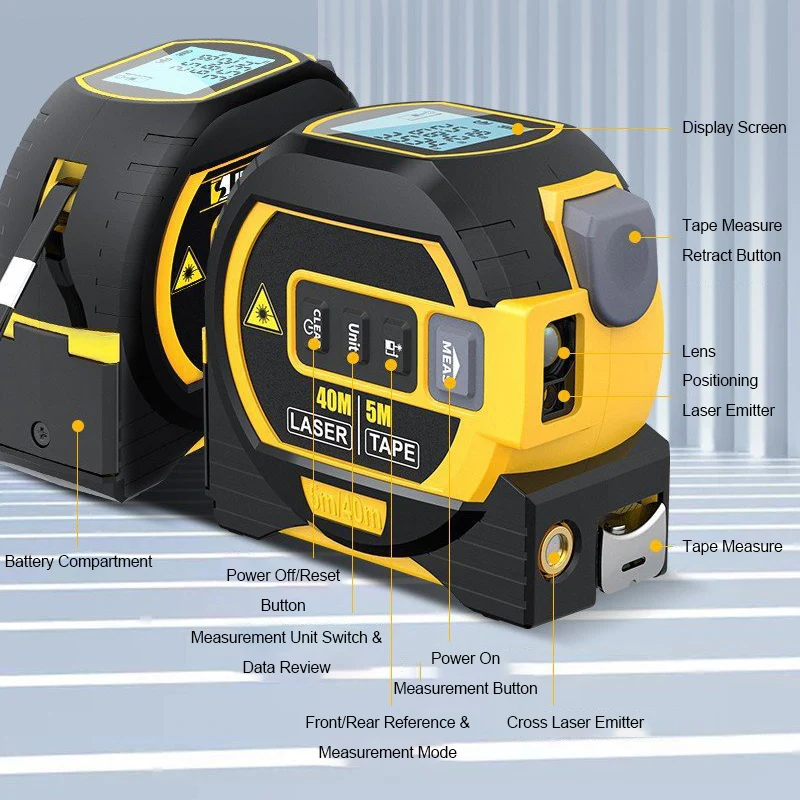 Electric Laser Distance Tape Mesure Measuring Device 3-in-1 in Ft Metric and Inches with LCD Digital